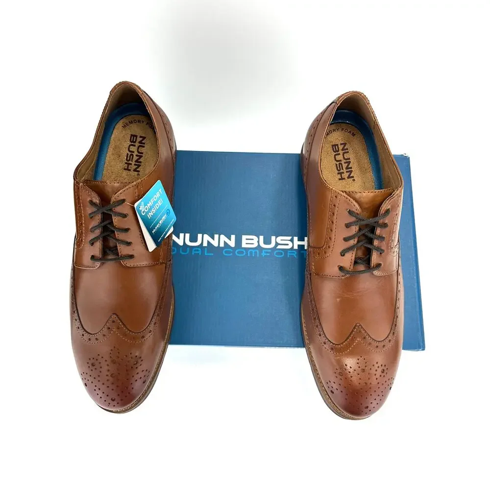 Nunn Bush Men Derby Shoes Sz 11W Cognac Leather Cushioned Brogue Wingtip Toe New